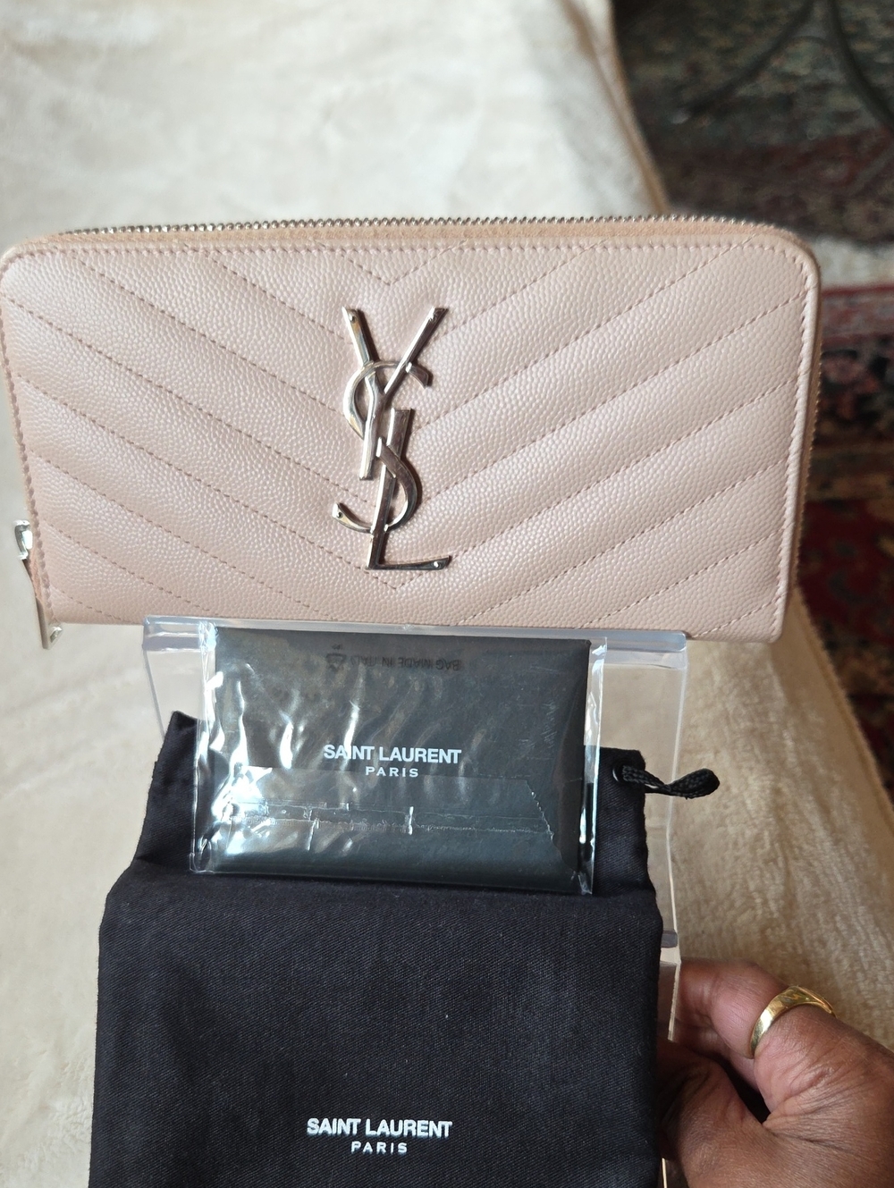 Saint Laurent Light Pink Quilted Zip-Around Wallet with YSL Logo